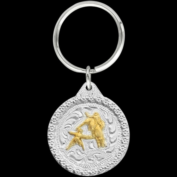 Gold Bull Fighter, This bull fighter keychain includes a beautiful berry border, our signatured 3D bull fighting figure, and a key ring attachment. Each silver key chain is b